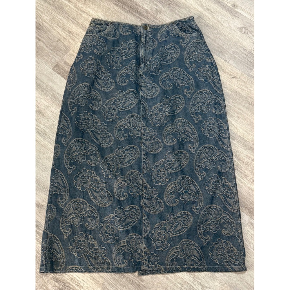 Liz Claiborne Lizwear Jeans Denim Maxi‎ Skirt Paisley Print Blue Women's Size 16